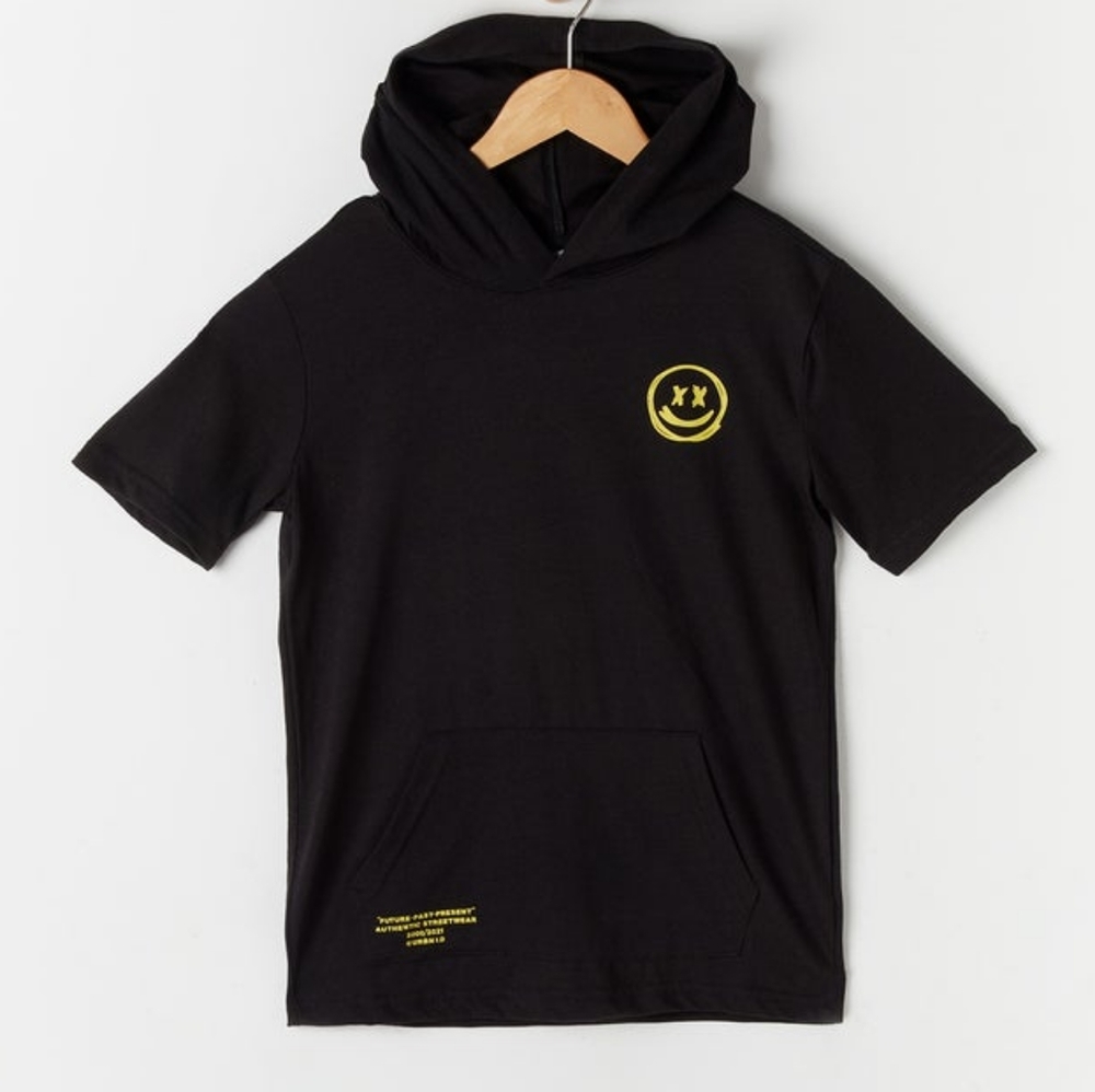 New 10-12 Hooded Tee Shirt Black and Yellow Smiley Face Short Sleeve Hoodie